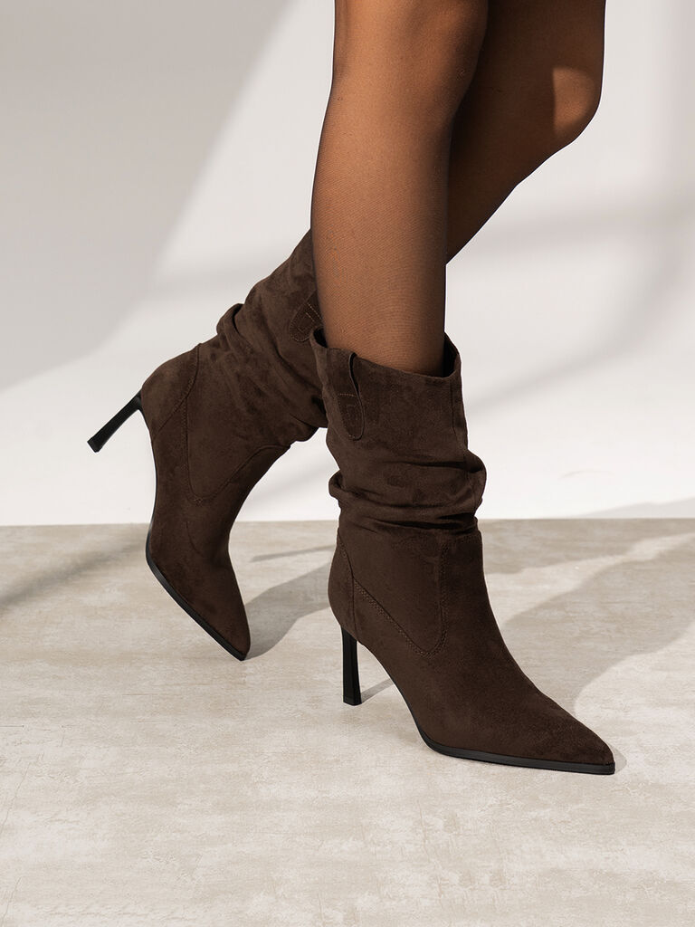 Brown Suede Mid-Calf Boot with Stiletto Heel