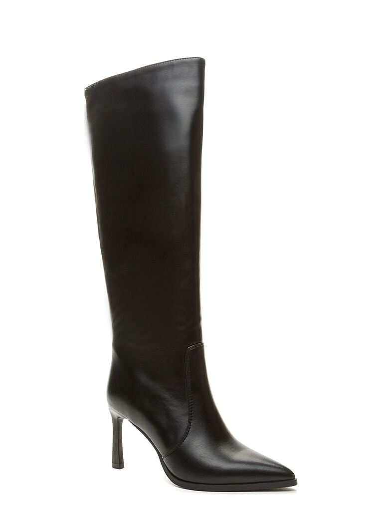 Black Leather High Knee Boots with Stiletto Heel