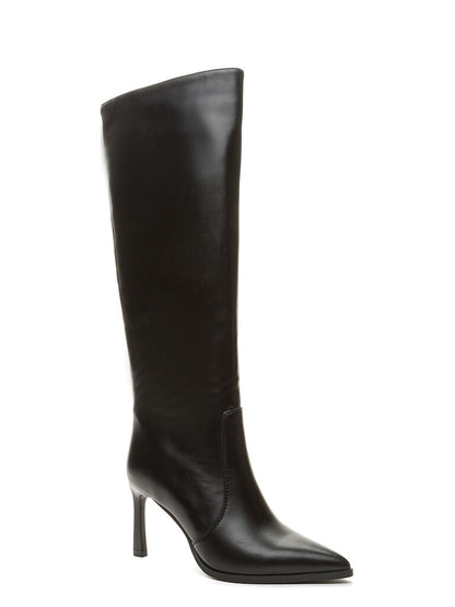 Black Leather High Knee Boots with Stiletto Heel