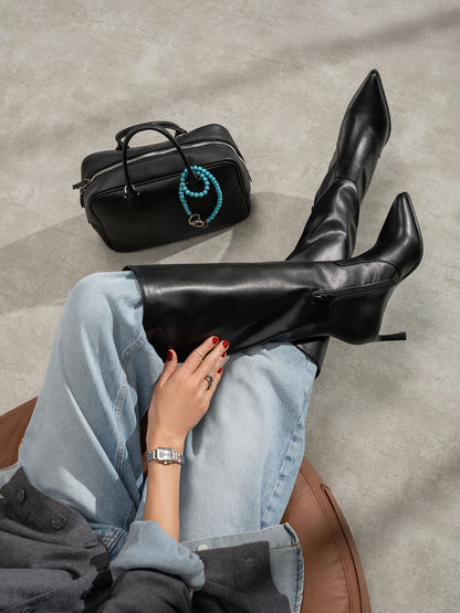 Black Leather High Knee Boots with Stiletto Heel