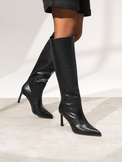 Black Leather High Knee Boots with Stiletto Heel