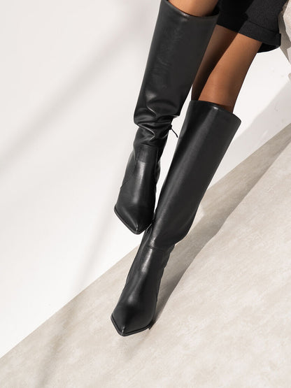 Black Leather High Knee Boots with Stiletto Heel