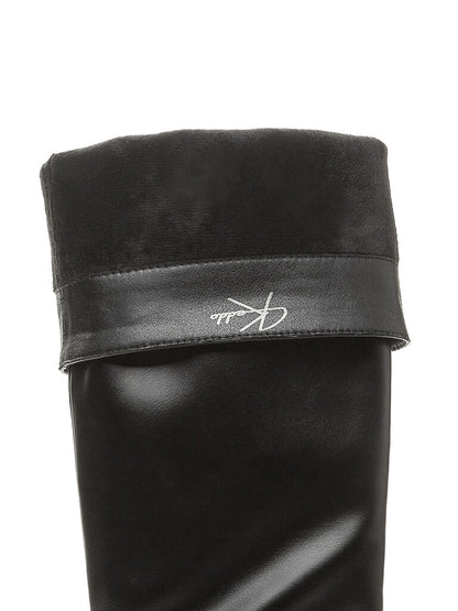 Black Leather High Knee Boots with Stiletto Heel