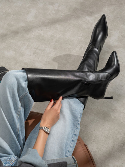 Black Leather High Knee Boots with Stiletto Heel