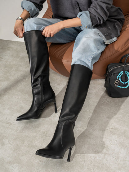 Black Leather High Knee Boots with Stiletto Heel