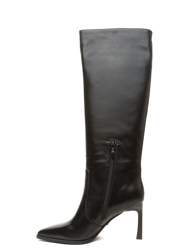 Black Leather High Knee Boots with Stiletto Heel