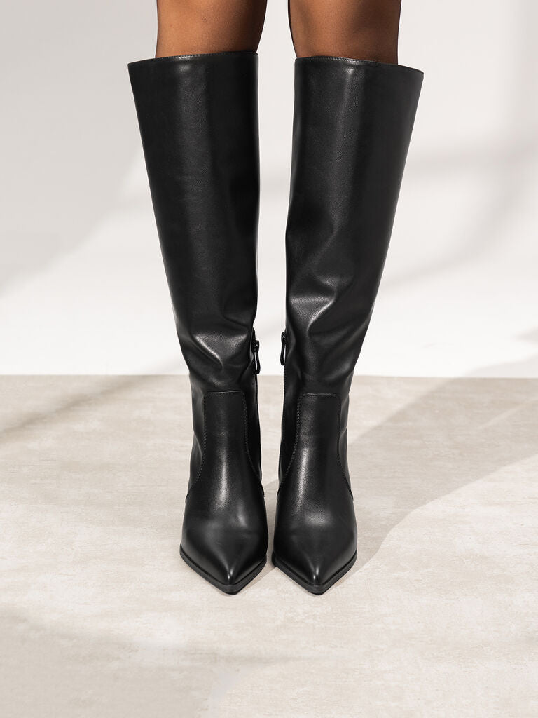 Black Leather High Knee Boots with Stiletto Heel