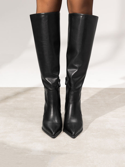 Black Leather High Knee Boots with Stiletto Heel