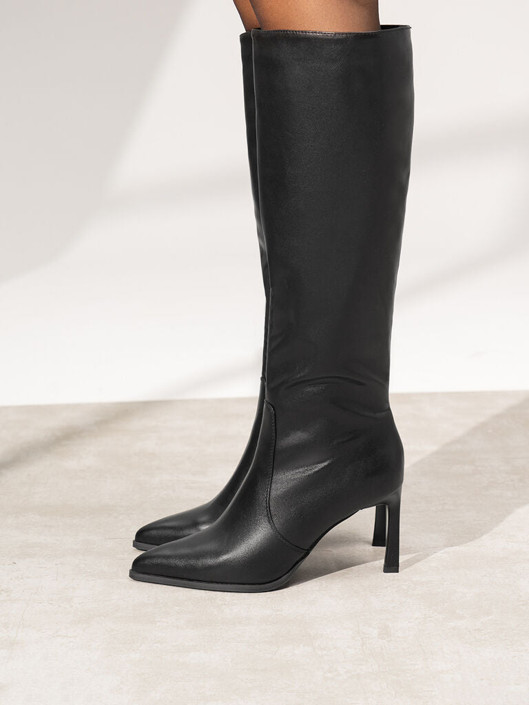 Black Leather High Knee Boots with Stiletto Heel