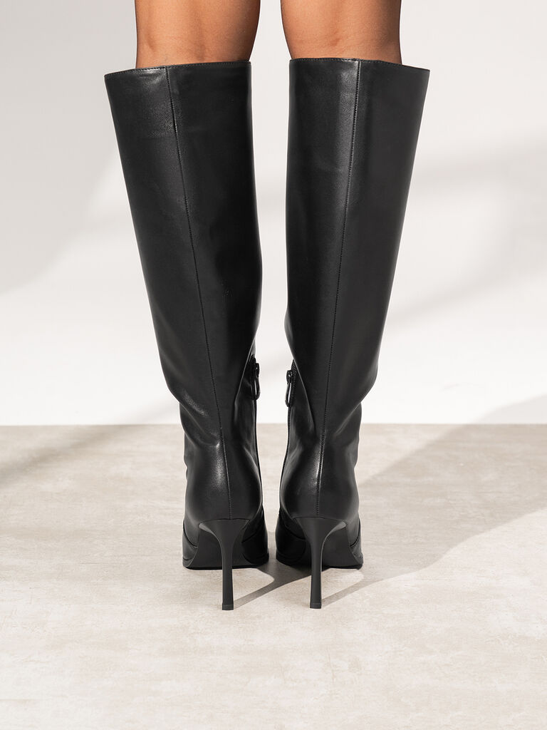 Black Leather High Knee Boots with Stiletto Heel