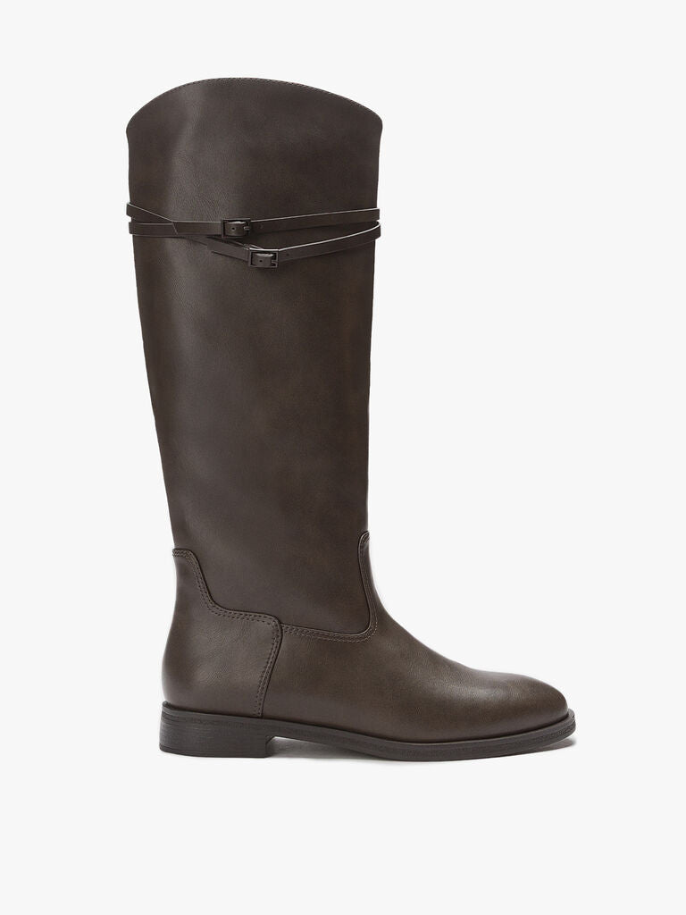 Brown Leather Tall Riding Boots with Dual Strap Detail