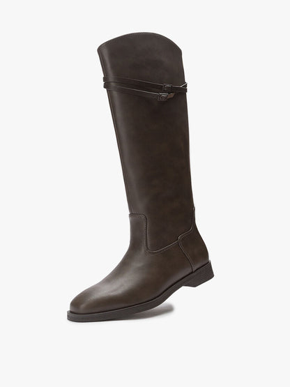 Brown Leather Tall Riding Boots with Dual Strap Detail