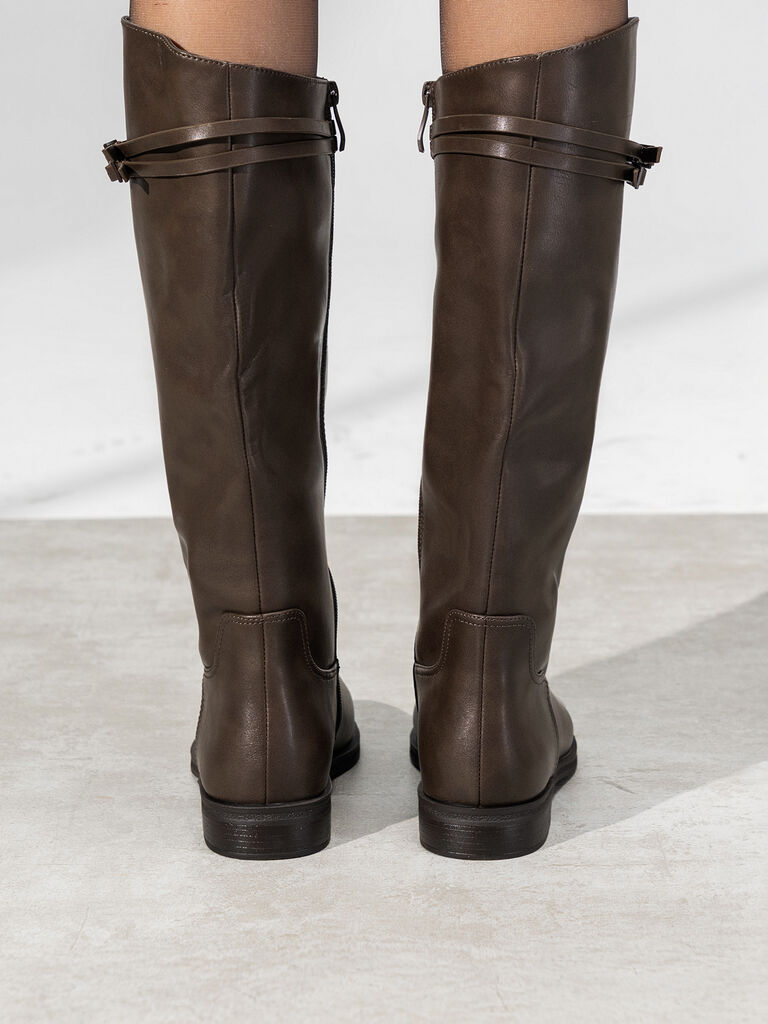 Brown Leather Tall Riding Boots with Dual Strap Detail