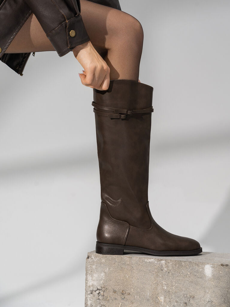 Brown Leather Tall Riding Boots with Dual Strap Detail