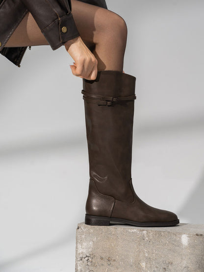 Brown Leather Tall Riding Boots with Dual Strap Detail