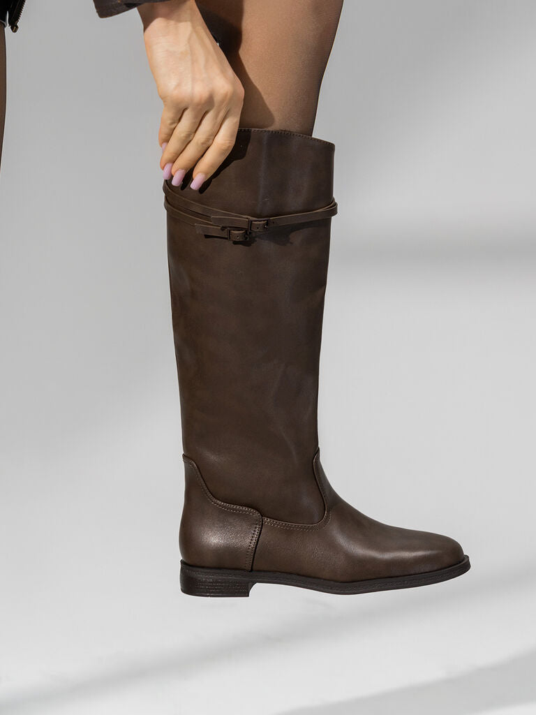 Brown Leather Tall Riding Boots with Dual Strap Detail