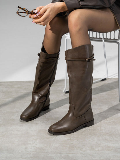 Brown Leather Tall Riding Boots with Dual Strap Detail