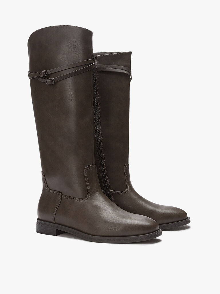 Brown Leather Tall Riding Boots with Dual Strap Detail
