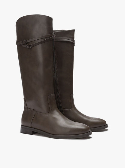 Brown Leather Tall Riding Boots with Dual Strap Detail