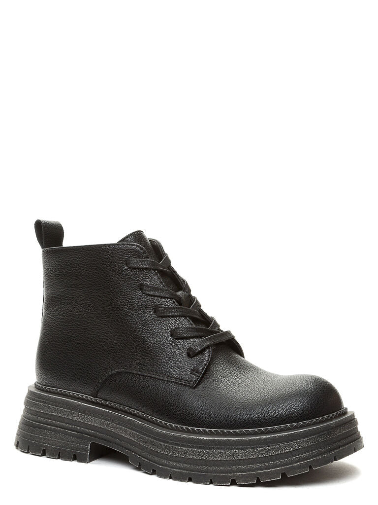 Black Textured Lace-Up Ankle Boots with Chunky Sole