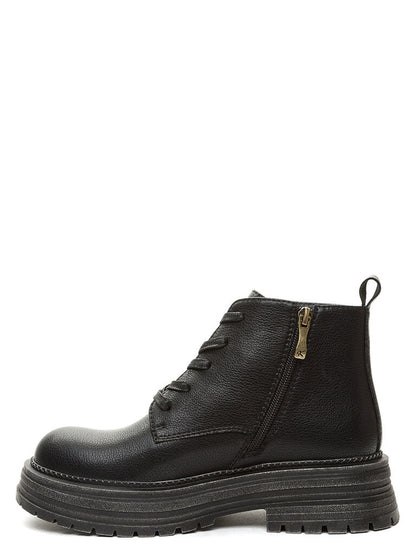 Black Textured Lace-Up Ankle Boots with Chunky Sole