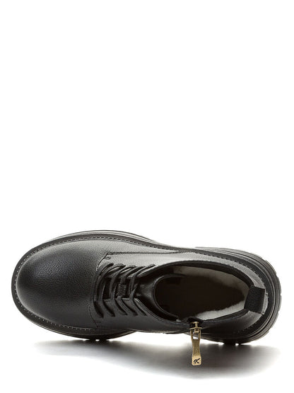 Black Textured Lace-Up Ankle Boots with Chunky Sole