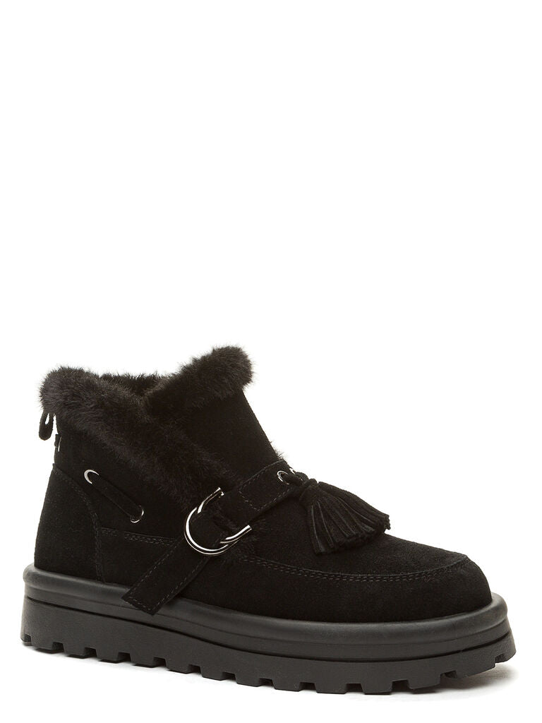 Black Suede Ankle Boots with Faux Fur Trim