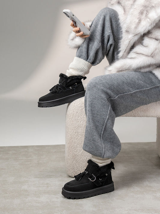 Black Suede Ankle Boots with Faux Fur Trim