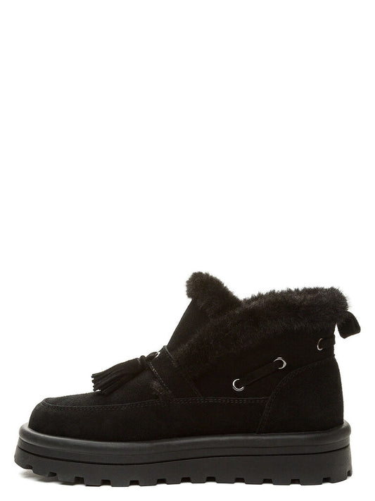 Black Suede Ankle Boots with Faux Fur Trim