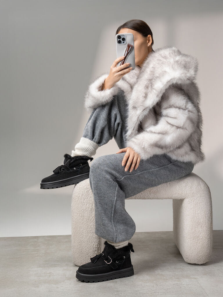 Black Suede Ankle Boots with Faux Fur Trim