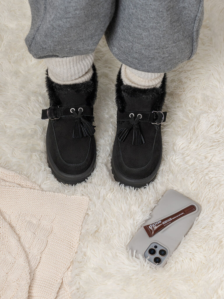 Black Suede Ankle Boots with Faux Fur Trim