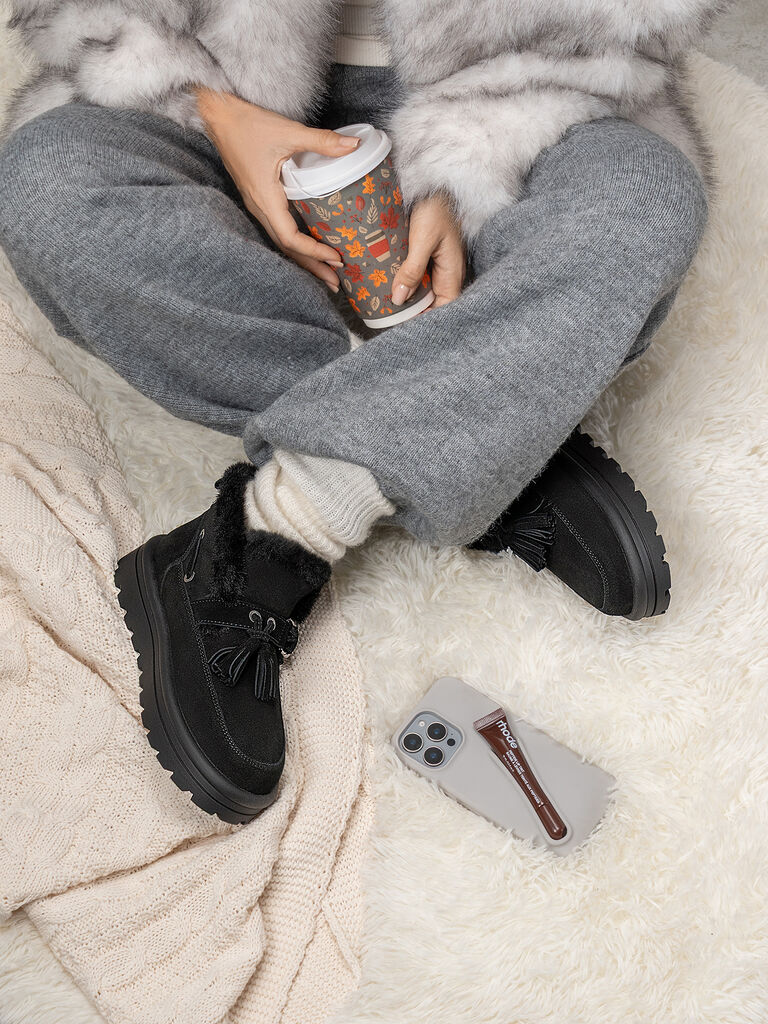 Black Suede Ankle Boots with Faux Fur Trim