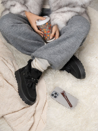 Black Suede Ankle Boots with Faux Fur Trim