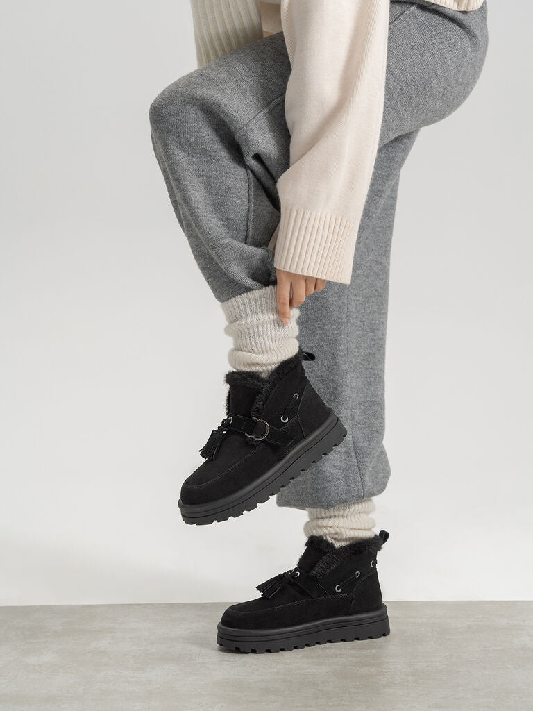 Black Suede Ankle Boots with Faux Fur Trim