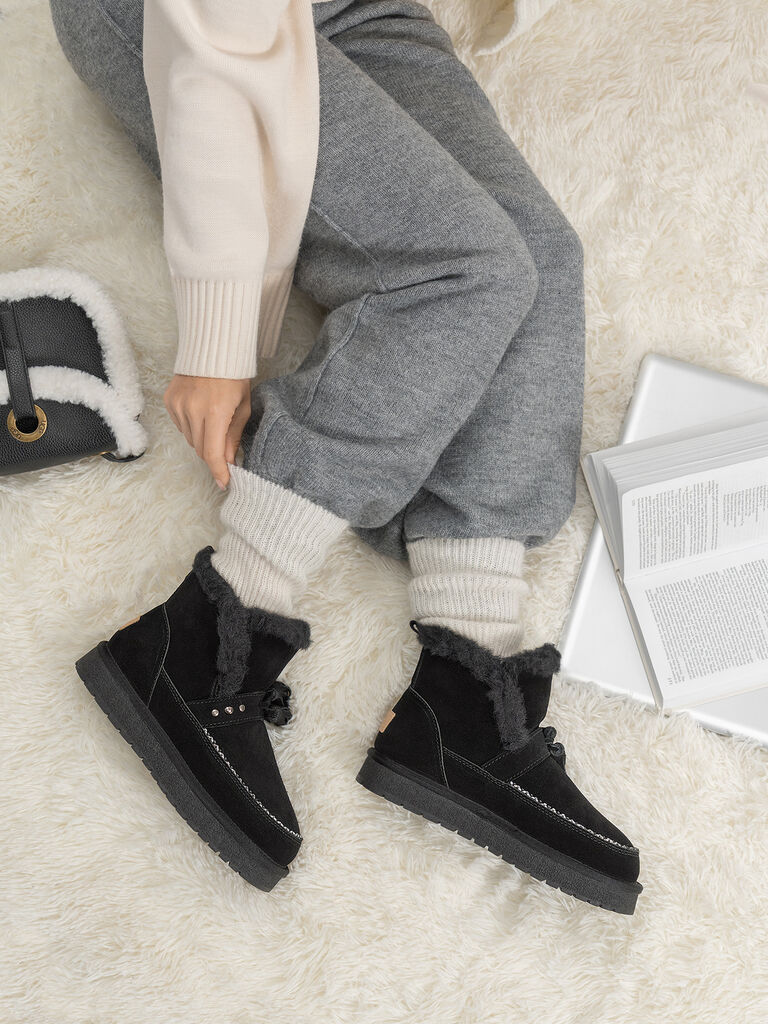 Black Suede Ankle Boots with Faux Fur Trim