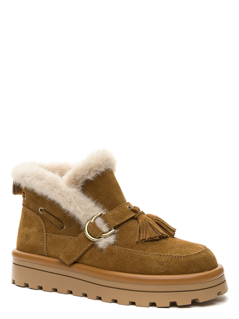 Brown Suede Ankle Boots with Shearling Trim