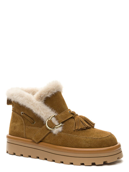 Brown Suede Ankle Boots with Shearling Trim