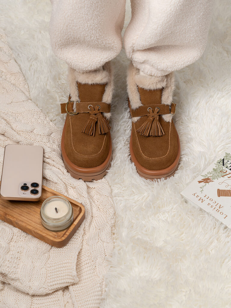 Brown Suede Ankle Boots with Shearling Trim