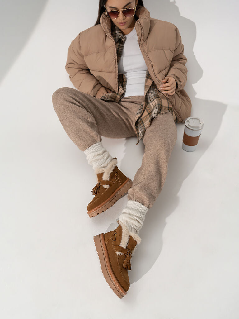 Brown Suede Ankle Boots with Shearling Trim