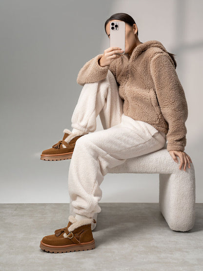 Brown Suede Ankle Boots with Shearling Trim