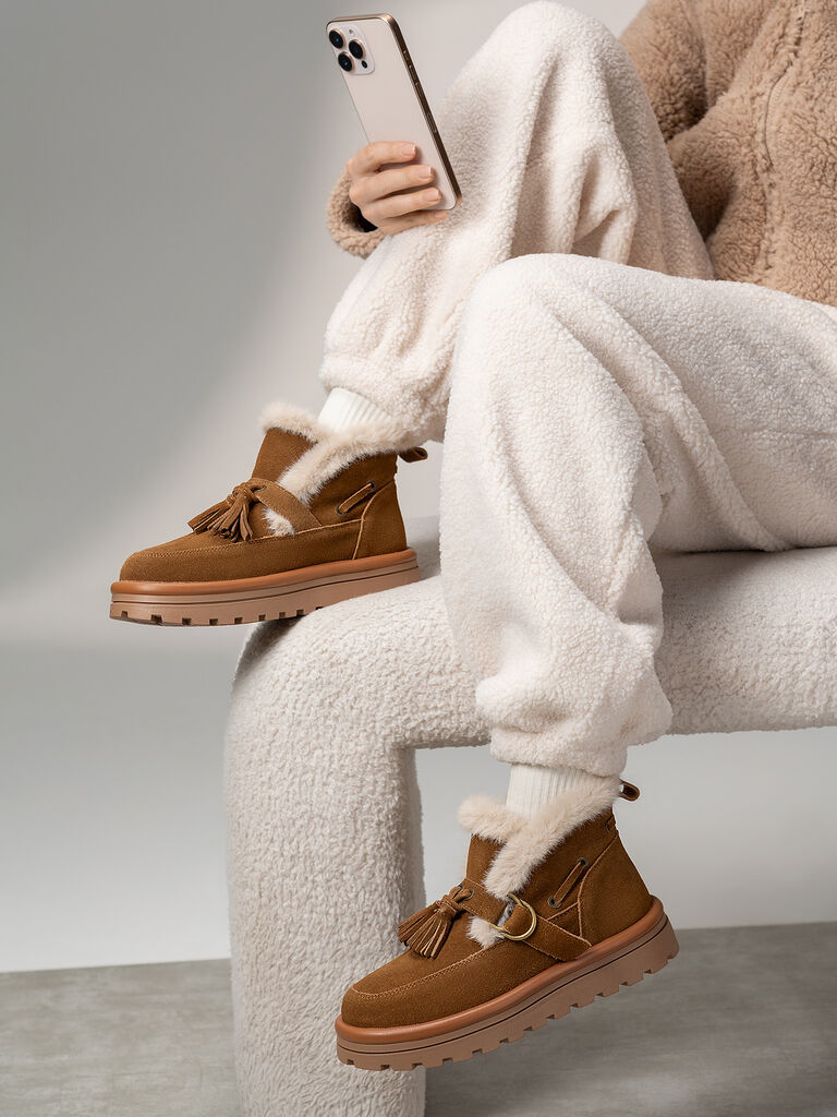 Brown Suede Ankle Boots with Shearling Trim