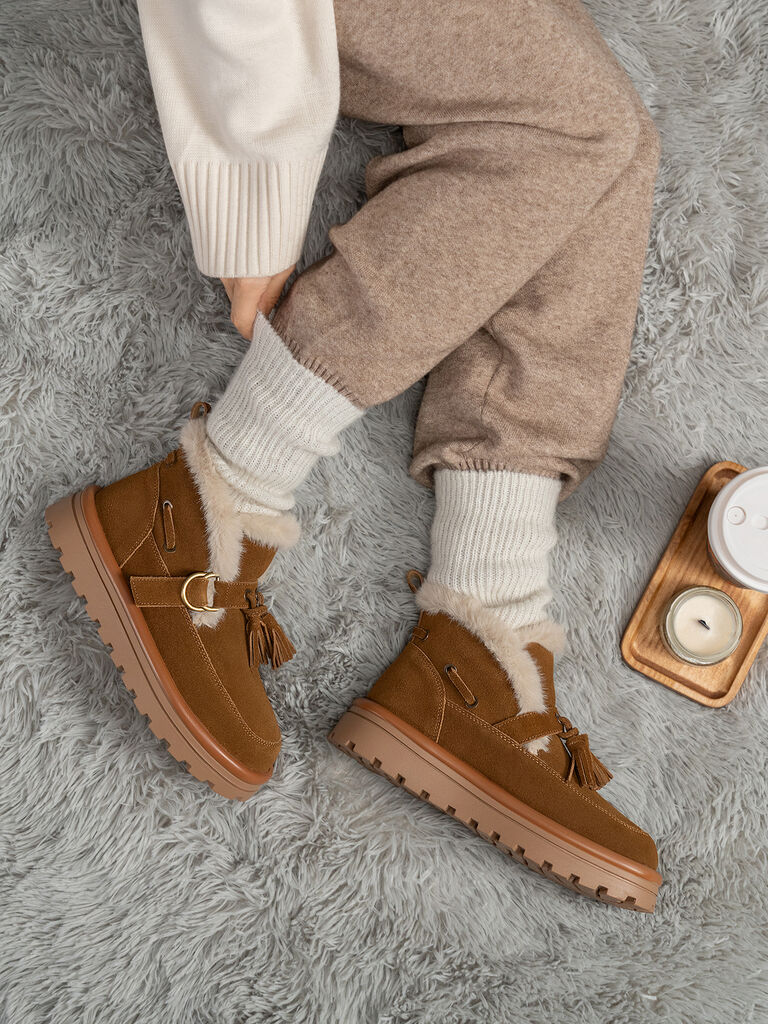 Brown Suede Ankle Boots with Shearling Trim