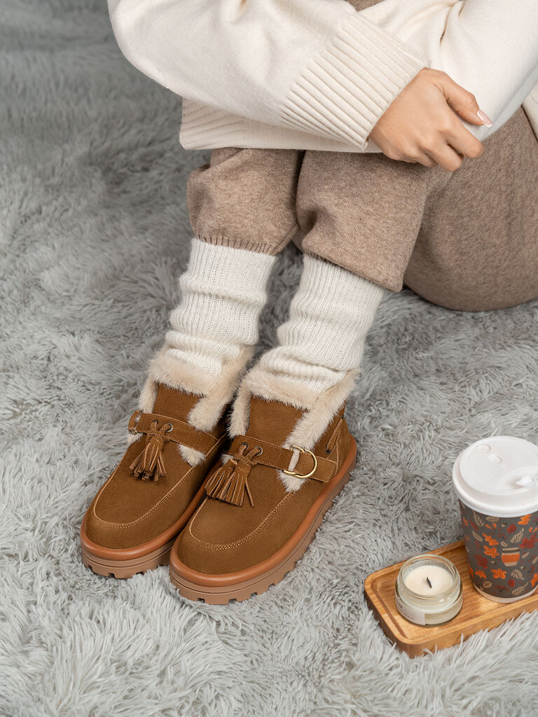 Brown Suede Ankle Boots with Shearling Trim