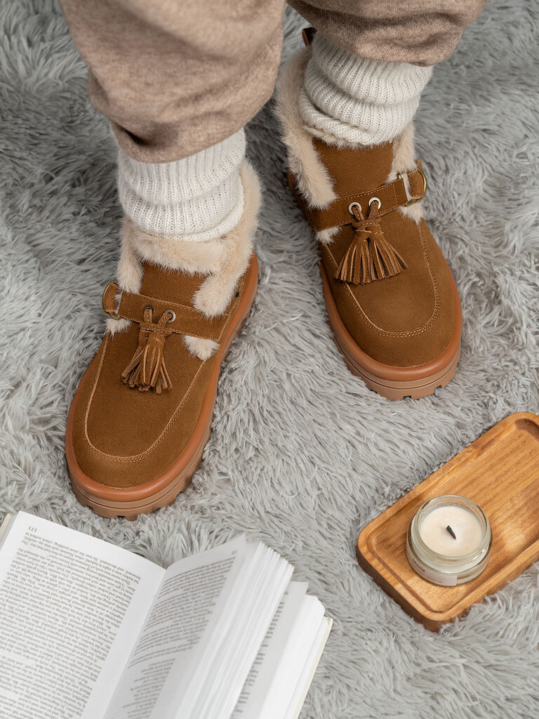 Brown Suede Ankle Boots with Shearling Trim