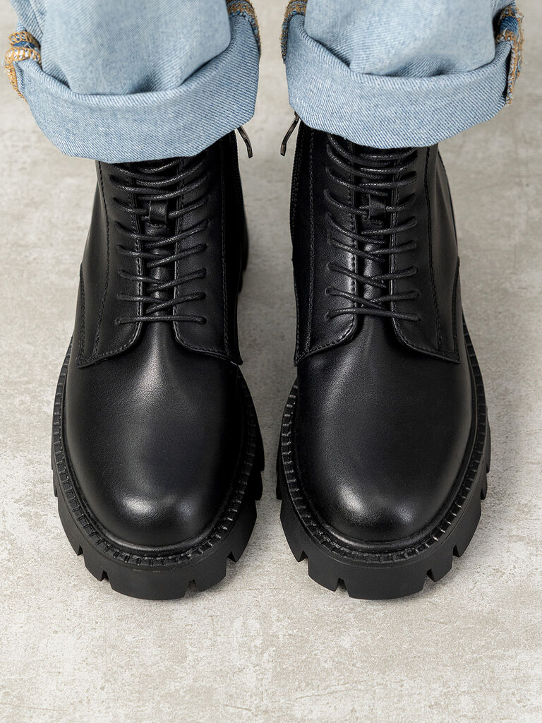 Black Leather Ankle Boots with Chunky Sole