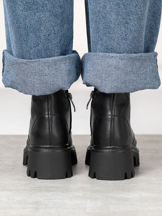 Black Leather Ankle Boots with Chunky Sole