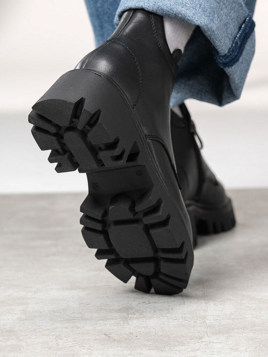 Black Leather Ankle Boots with Chunky Sole