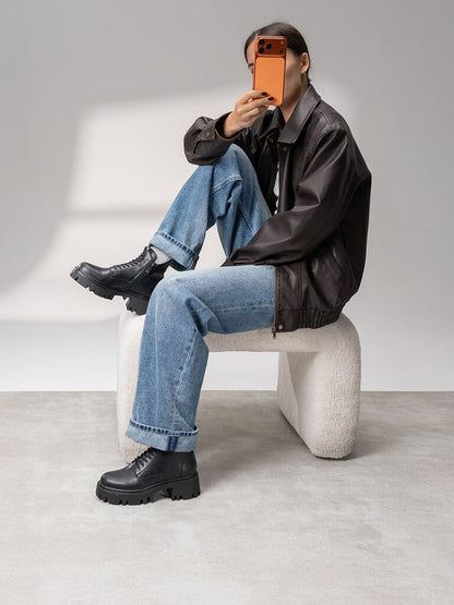 Black Leather Ankle Boots with Chunky Sole