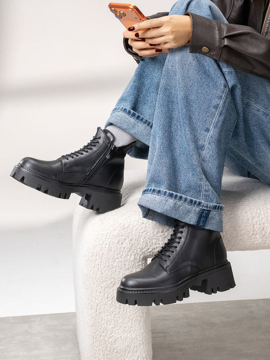 Black Leather Ankle Boots with Chunky Sole