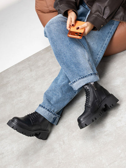 Black Leather Ankle Boots with Chunky Sole